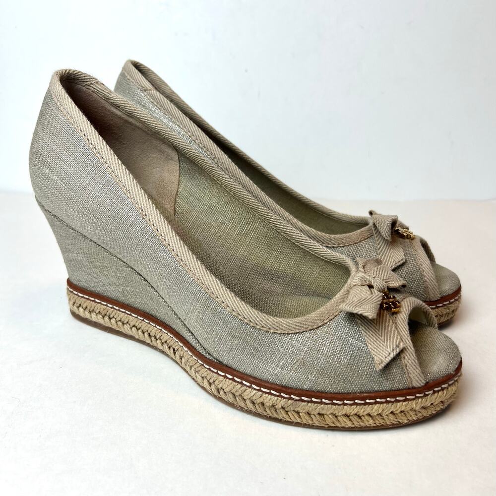 Tory Burch Beige Linen Peep-Toe Wedge Espadrilles with Bow